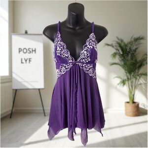 Lace Lingerie Front Closure Top Babydoll Nightwear Purple Small